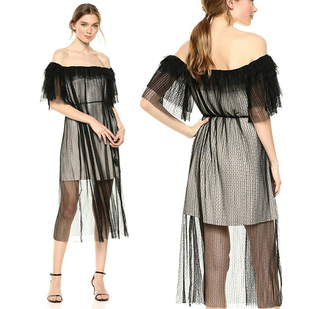 Revolve Elliatt Ruby Dress Sheer Midi Ruffles LBD Neogoth Black NEW
